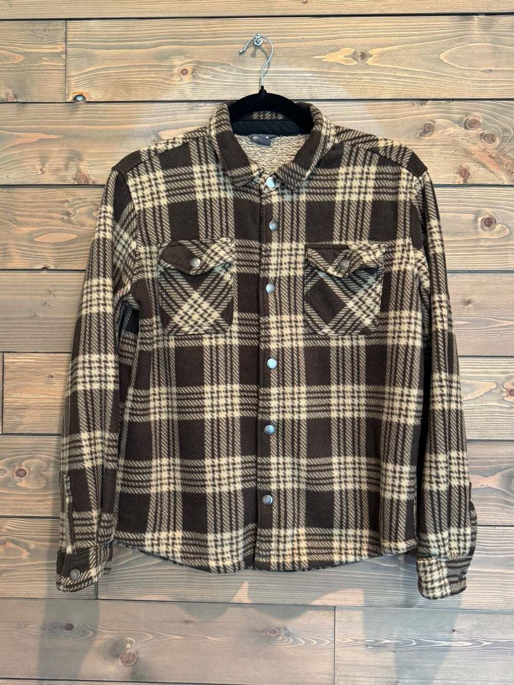 Eddie Bauer Plaid Sherpa Lined Shirt Jacket Youth Size 14/16 Brown Snap Front